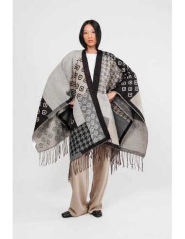 Poncho Anekke con flecos negro y beige