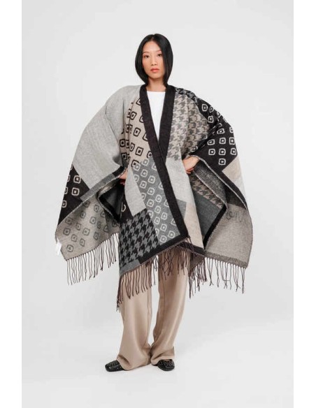 Poncho Anekke con flecos negro y beige