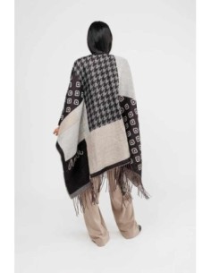Poncho Anekke con flecos negro y beige 2