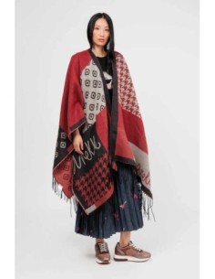 Poncho Anekke con flecos burdeos y beige