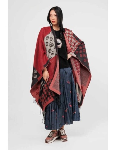 Poncho Anekke con flecos burdeos y beige