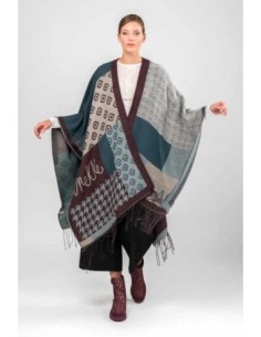 Poncho Anekke con flecos azul petróleo y beige