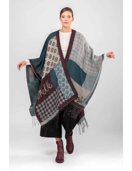 Poncho Anekke con flecos azul petróleo y beige