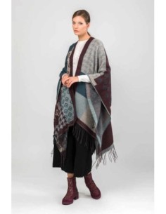 Poncho Anekke con flecos azul petróleo y beige 2