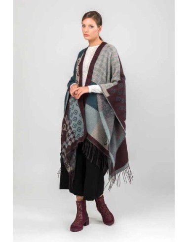 Poncho Anekke con flecos azul petróleo y beige