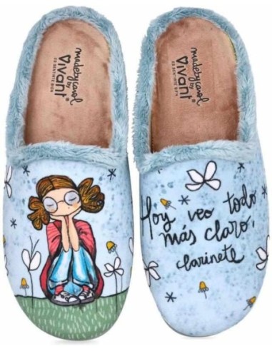 ZAPATILLAS DE CASA VIVANT "HOY VEO TODO MÁS CLARO CLARINETE" CELESTE