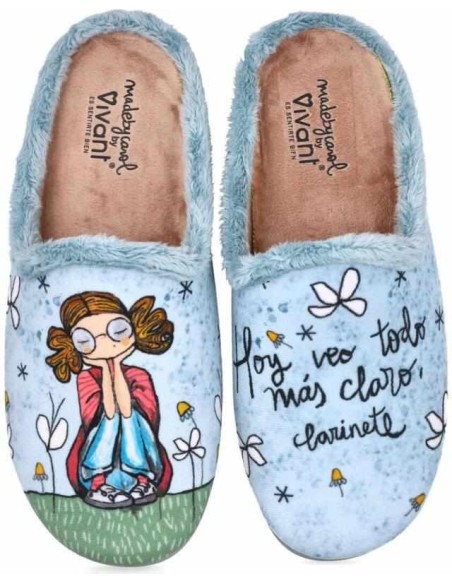 ZAPATILLAS DE CASA VIVANT "HOY VEO TODO MÁS CLARO CLARINETE" CELESTE