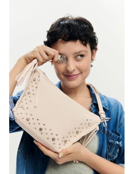 Bolso mediano desigual tachuelas flecos